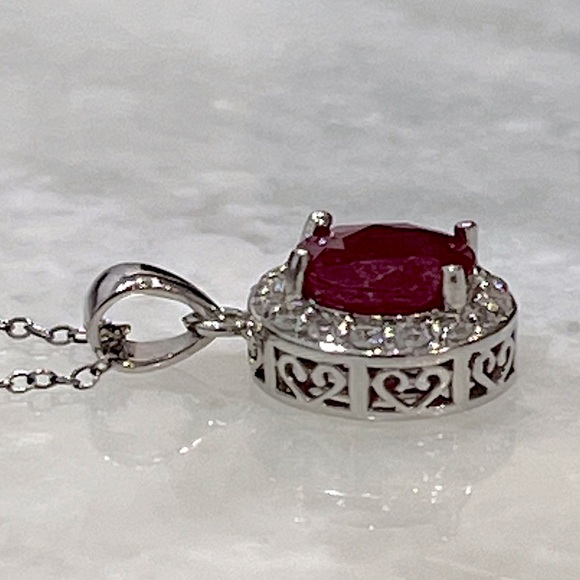 Niassa Ruby White Zircon Sterling Silver Halo Pendant Necklace - Picture 5 of 14